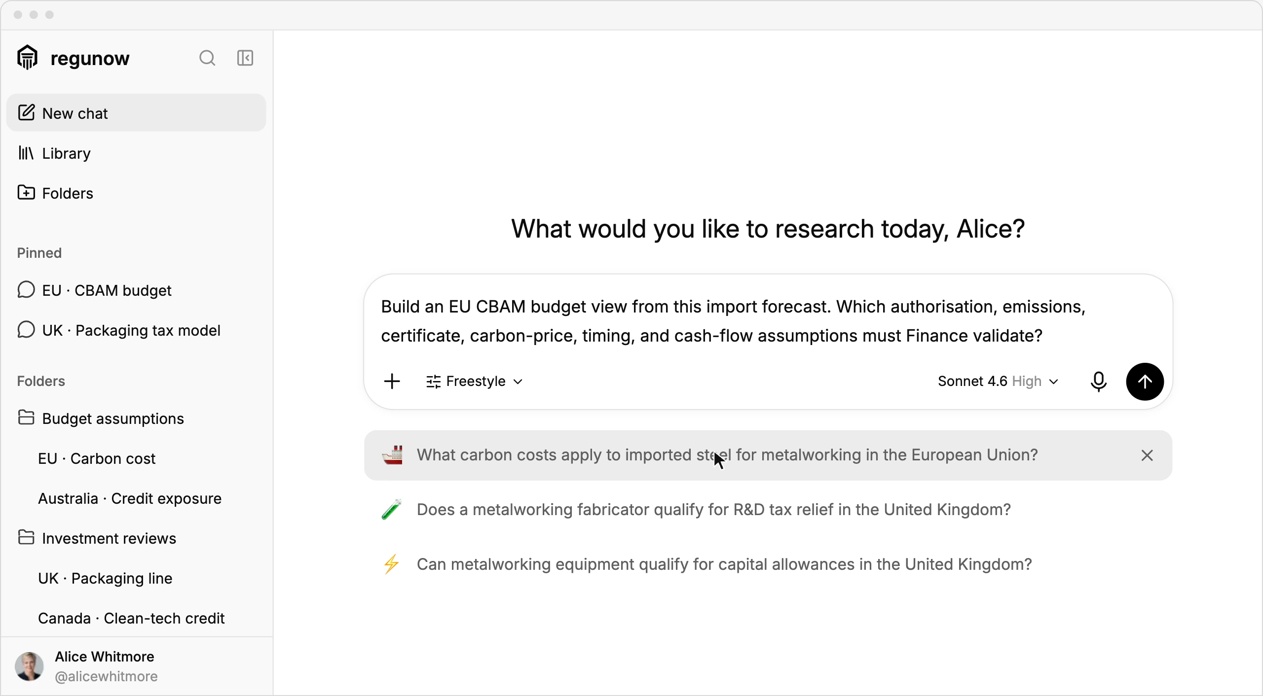 Vorschau des Regunow-Arbeitsbereichs für regulatorische Recherche