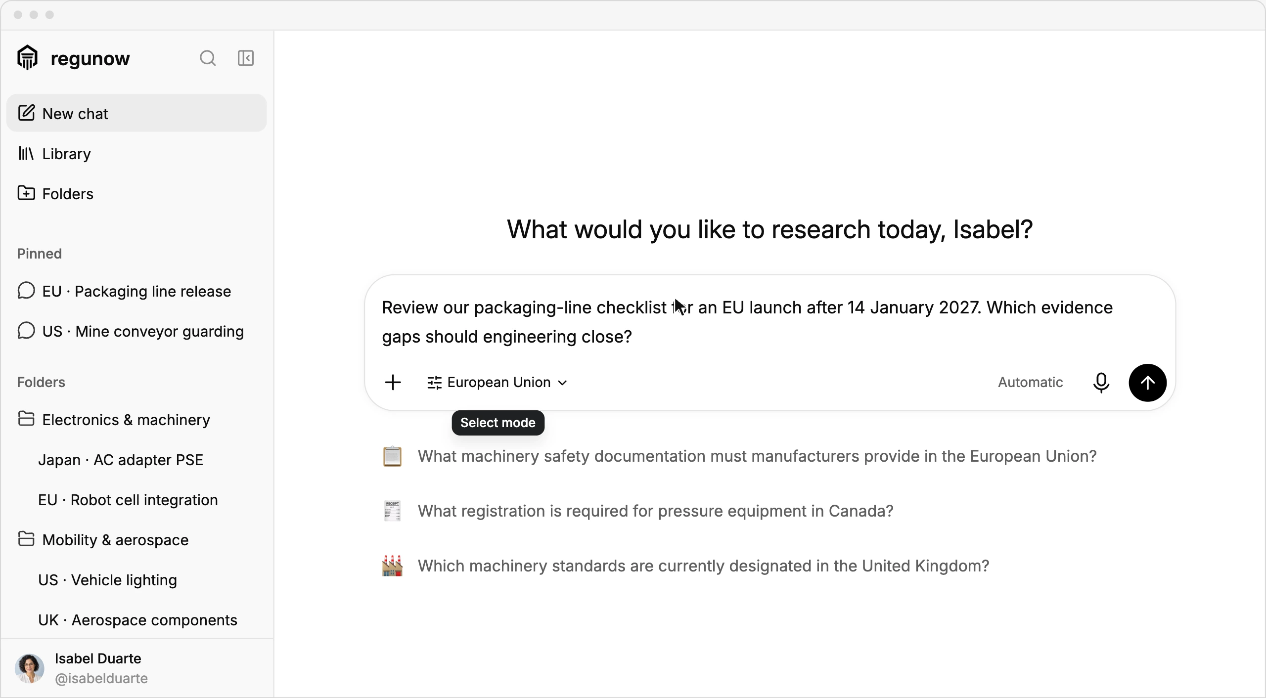 Vorschau des Regunow-Arbeitsbereichs für regulatorische Recherche